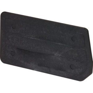 A textured, black, rectangular plastic device with rounded corners and four small circular indents, two on each side. It features a central raised horizontal ridge and resembles the design of MH-USA 8 3/8 x 4 1/2 Stack & Hang Bin Dividers (6/Case).
