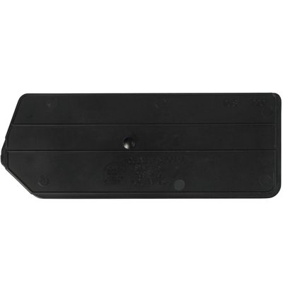 BIND103.jpg A black, rectangular plastic item with rounded edges and a central button mirrors the design of MH-USA 6 5/8 x 2 3/4 Stack & Hang Bin Dividers, featuring faint surface markings suggesting multifunctional use.