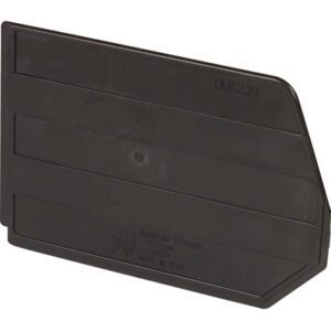 The MH-USA 9 7/8 x 6 3/4 Stack & Hang Bin Divider, a black plastic piece with angled edges and grooves, features embossed text and a logo. Made in the USA, its sold in sets of six per case with alphanumeric codes for versatile use.