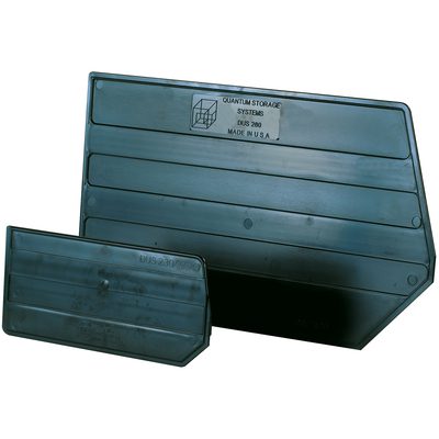 BIND106.jpg Two black plastic shelf bins by Quantum Storage Systems, made in the USA, feature slanted fronts for easy access and can hold six MH-USA 10 1/8 x 3 3/4 Stack & Hang Bin Dividers per case to improve organization.