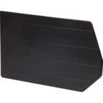 A black, rectangular plastic piece resembling MH-USA 17 x 10 1/4 Stack & Hang Bin Dividers (6/Case) with a diagonal cut on one corner features horizontal ridges and small round indentations.