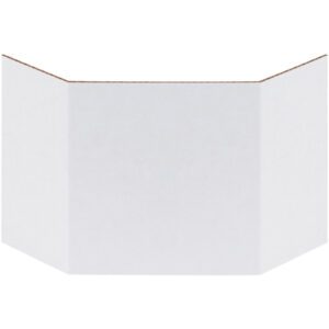 A white tri-fold board stands upright with inward-angled panels, offering a smooth surface perfect for presentations or displays, similar to the organizational clarity offered by MH-USA 4 Corrugated Bin Dividers (100/Bundle).