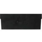 A black rectangular item with small feet and embossed MH-USA 7 x 3 Plastic Shelf Bin Dividers. It features a central round protrusion, implying it could be part of an electronic or industrial device.
