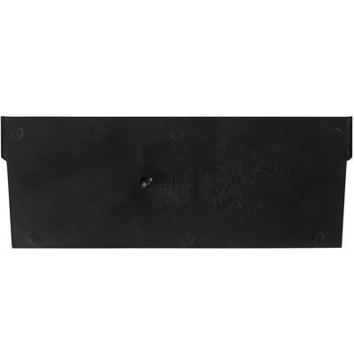 BINDS73.jpg A black rectangular item with small feet and embossed MH-USA 7 x 3 Plastic Shelf Bin Dividers. It features a central round protrusion, implying it could be part of an electronic or industrial device.