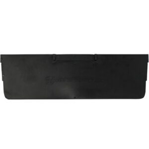 A black plastic cover for a pickup truck bed, featuring a textured finish and a rectangular design with a hinged latch for secure attachment, similar to the MH-USA bin dividers. It includes an embossed logo and text in the center.