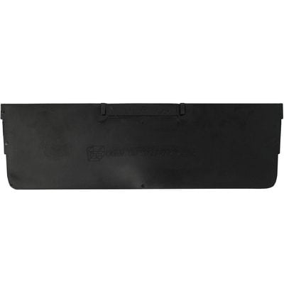 BINDS93.jpg A black plastic cover for a pickup truck bed, featuring a textured finish and a rectangular design with a hinged latch for secure attachment, similar to the MH-USA bin dividers. It includes an embossed logo and text in the center.