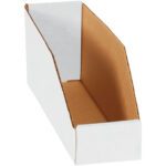The MH-USA 3 x 12 x 4.5 white bin boxes, available in bundles of 50, serve as practical magazine file holders. Featuring a white and brown corrugated design with an open front and slanted side, they are perfect for organizing documents or magazines upright.