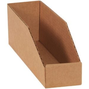 A set of 50 kraft bin boxes measuring 3 x 12 x 4-1/2 each, with an open side and slanted design, ideal for upright magazine or document storage. This eco-friendly option blends seamlessly into any workspace with its functional style.