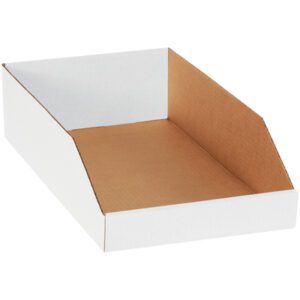 The MH-USA white bin boxes, measuring 10 x 18 x 4 1/2 and sold in bundles of 25, have a brown interior and open top/front. With raised sides and a flat base, they are ideal for efficient organization or display.