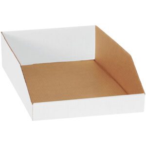 The MH-USA 12 x 18 x 4.5 White Bin Boxes, available in bundles of 50, are ideal for document storage with their open-front design and contrasting white exterior and brown interior for easy access.