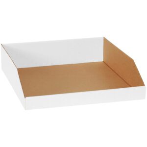 The MH-USA 18 x 18 x 4.5 White Bin Boxes, available in bundles of 50, have raised sides and an open front for easy access, featuring a brown interior—ideal for organizing desk papers neatly.