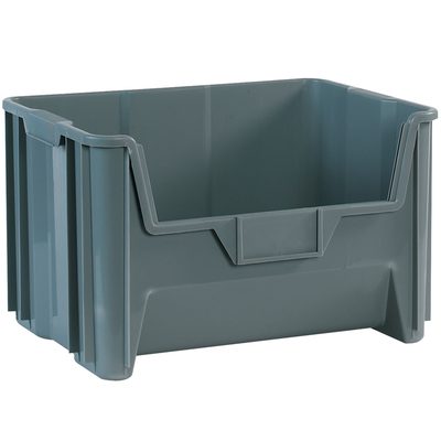 BING112.jpg The MH-USA 19 7/8 x 15 1/4 x 12 7/16 Gray Giant Stackable Bins, sold in cases of three, have open tops and front handles. They include vertical ridges for durability and offer ample space for organizing or storing items.