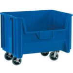The MH-USA Blue Mobile Giant Stackable Bins, sized 19 7/8 x 15 1/4 x 12 7/16, have a rectangular open top and reinforced sides, sit on four black wheels for easy mobility, and come in a set of three bins per case.