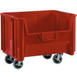 The MH-USA 19 7/8 x 15 1/4 x 12 7/16 Red Mobile Giant Stackable Bins offer industrial-grade storage with reinforced sides and four swivel caster wheels, perfect for heavy-duty tasks. Sold in a case of three bins.