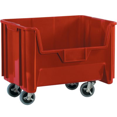 BING121.jpg The MH-USA 19 7/8 x 15 1/4 x 12 7/16 Red Mobile Giant Stackable Bins offer industrial-grade storage with reinforced sides and four swivel caster wheels, perfect for heavy-duty tasks. Sold in a case of three bins.
