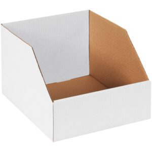 The MH-USA 10 x 12 x 8 Jumbo Bin Boxes (25/Bundle) feature a high back and low front for optimal storage and organization. With a white exterior and natural brown interior, they are open at the top for easy access.