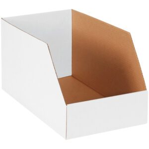 The MH-USA Jumbo Bin Boxes, 10 x 18 x 10 (25/Bundle), are made of white corrugated cardboard with a high back, low front, and an open-top design complemented by a natural brown interior for easy access.