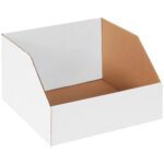 The MH-USA 12 x 12 x 8 Jumbo Bin Boxes (25/Bundle) have a white open-top design with a low front cut-out for easy access and a brown interior, showcasing robust corrugated cardboard construction ideal for displaying or organizing items.