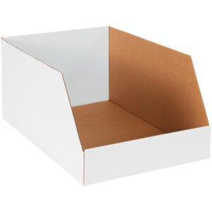 The MH-USA Jumbo Bin Boxes (25/Bundle) are 16 x 24 x 12 with a white corrugated exterior and brown interior. They feature an open front and slanted sides for easy access, making them ideal for organizing items in office or home settings.