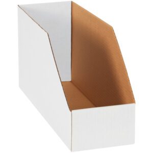 The MH-USA 6 x 18 x 10 Jumbo Bin Boxes (25/Bundle) feature a slanted open front white cardboard magazine file organizer, brown interior, and an angled rectangular design for easy content access.