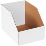 The MH-USA 8 x 12 x 8 Jumbo Bin Boxes (25/Bundle), with a slanted front, offer an open-top white cardboard storage solution revealing a brown interior, ideal for organizing or displaying items against any backdrop.