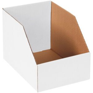 The MH-USA 8 x 12 x 8 Jumbo Bin Boxes (25/Bundle), with a slanted front, offer an open-top white cardboard storage solution revealing a brown interior, ideal for organizing or displaying items against any backdrop.