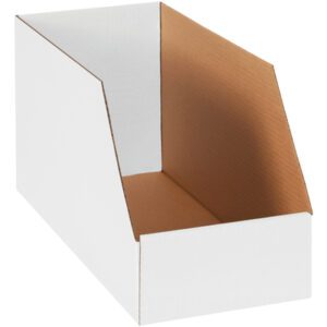 The MH-USA 8 x 18 x 10 Jumbo Bin Boxes (25/Bundle) feature a white cardboard magazine file design with an open front, angled sides, and a brown interior, ideal for efficient organization and storage of magazines or documents.