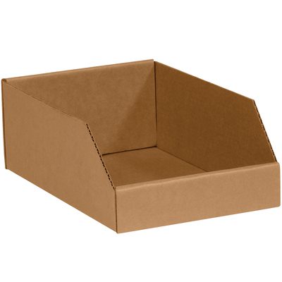 BINMT1012K.jpg A brown 10 x 12 x 4-1/2 storage bin with a slanted front opening is shown empty against a white background, featuring the design of Kraft Bin Boxes (25/Bundle) for organizing items.