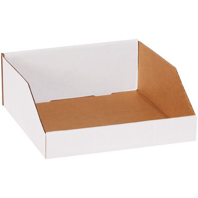 BINMT121214.jpg The MH-USA 12 x 12 x 4 1/2 White Bin Boxes (50/Bundle) are cardboard trays with open fronts and slightly raised sides and backs, ideal for organizing papers or small items.