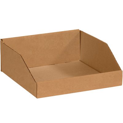 BINMT121214K.jpg A brown rectangular display tray, similar to the 12 x 12 x 4-1/2 Kraft Bin Boxes (50/Bundle), has low walls and sits elegantly against a plain backdrop.