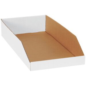 The MH-USA 12 x 24 x 4 1/2 white bin boxes, with a brown interior, are ideal for organizing papers. They feature sloped sides for easy access and a flat base for stability, combining functionality with style against a plain background. Sold in bundles of 50.