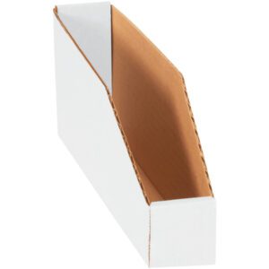 The MH-USA 2 x 12 x 4 1/2 white bin boxes, with an open top and angled sides, are ideal for organizing magazines or documents upright on a shelf or desk. This stylish design comes in bundles of 50 to meet your organizational needs.