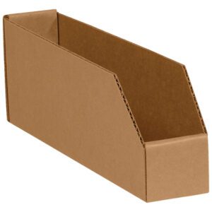 The 2 x 12 x 4 1/2 Kraft Bin Boxes feature a brown cardboard construction with an open top and angled side, ideal for organizing magazines or documents upright. Available in a bundle of 50, they efficiently streamline your storage needs.