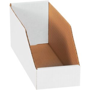 The MH-USA White Bin Boxes, sized 4 x 12 x 4 1/2 and sold in bundles of 50, feature a slanted open top with a brown interior, ideal for displaying items. The low sides ensure easy content access.