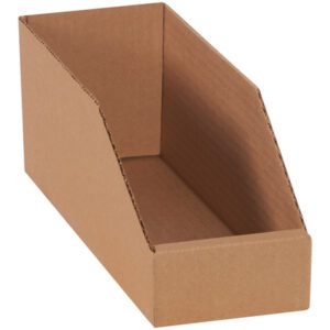 The 4 x 12 x 4 1/2 Kraft Bin Boxes, available in bundles of 50, feature a brown cardboard design with an open top and slanted front for easy organization. They have a rectangular base, raised sides, and a visible corrugated texture inside that adds rustic charm.