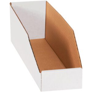 The MH-USA 4 x 15 x 4 1/2 White Bin Boxes (50/Bundle) are perfect for organizing magazines or papers, featuring a sleek white exterior and brown interior. Their open top and front design ensures easy access while keeping spaces tidy.