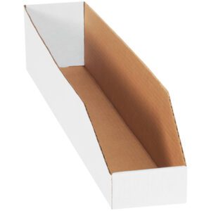 The MH-USA 4 x 24 x 4 1/2 white bin boxes (50/bundle) are empty rectangular cardboard containers with a white exterior and brown interior, ideal for storage or organization. They feature a slanted front edge for easy item access.