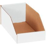 The MH-USA 6 x 12 x 4 1/2 White Bin Boxes (50/Bundle) have an open top and angled sides with a lower front for easy access, perfect for organization.