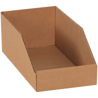 BINMT612K.jpg A 6 x 12 x 4 1/2 Kraft Bin Box from a bundle of 50 stands on a white background, featuring an open top and slanted front for easy viewing and access, ideal for organizing any space efficiently.