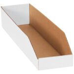 The MH-USA 6 x 24 x 4 1/2 White Bin Boxes (50/Bundle) are ideal for storing documents with high sides and a low front for easy access; the interior features natural brown cardboard.