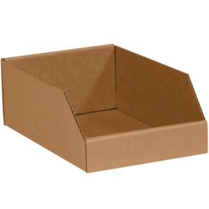 The 8 x 12 x 4 1/2 Kraft Bin Boxes, available in bundles of 50, are sturdy rectangular brown cardboard bins with an open top and slanted front for easy access. Ideal for organizing small items, they are presented against a plain white background.
