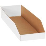 The MH-USA 8 x 24 x 4 1/2 White Bin Boxes, sold in bundles of 50, feature a sleek white exterior and a brown interior with the backs high sides tapering down for easy content access.