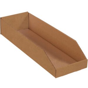 A brown cardboard tray with low sides and angled ends, similar to the Kraft Bin Boxes in an 8 x 24 x 4 1/2 size (50/Bundle), sits empty against a plain white background.