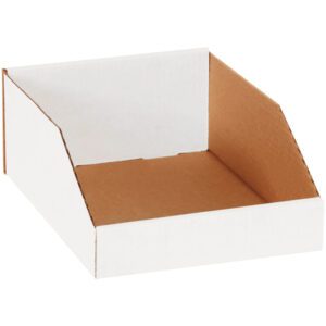 A cardboard display tray with white and brown hues, similar to the MH-USA 9 x 12 x 4 1/2 White Bin Boxes (50/Bundle), has raised sides and back. Its open-front design provides easy content access. It is empty and placed on a white background.