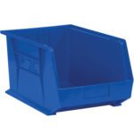 The MH-USA blue plastic stack & hang bin, measuring 5 3/8 x 4 1/8 x 3, has an open top, slanted front for easy access, ribbed sides for strength, and a flat base for stability. Sold as a set of 24 bins per case.
