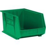 The MH-USA green plastic stack & hang bins, measuring 5 3/8 x 4 1/8 x 3, are sold in a case of 24. They feature an open front for easy access, reinforced sides, and a label area on the front, making them ideal for organized storage.