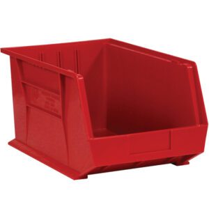 The MH-USA 5 3/8 x 4 1/8 x 3 Red Plastic Stack & Hang Bin Box has an open front for easy access, solid sides, and a label slot. Its sturdy bottom is perfect for organization. Sold as a case of 24 bins, its ideal for systematic storage solutions.