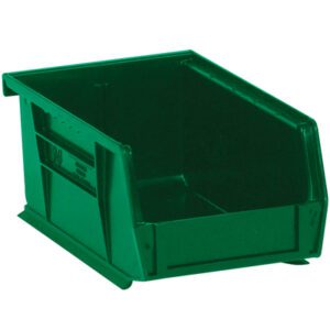 The MH-USA 7 3/8 x 4 1/8 x 3 Green Plastic Stack & Hang Bin Boxes are perfect for organizing small items with an open front and stackable design. They feature a rectangular shape, raised sides, and come in a case of 24 bins for versatile storage solutions.