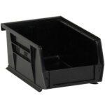 The MH-USA Black Plastic Stack & Hang Bin Boxes (24 Bins/Case) measure 7 3/8 x 4 1/8 x 3, have an open front, smooth walls, and a solid bottom. They are stackable with similar boxes for organizing small items.