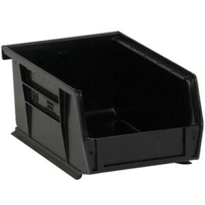 The MH-USA Black Plastic Stack & Hang Bin Boxes (24 Bins/Case) measure 7 3/8 x 4 1/8 x 3, have an open front, smooth walls, and a solid bottom. They are stackable with similar boxes for organizing small items.